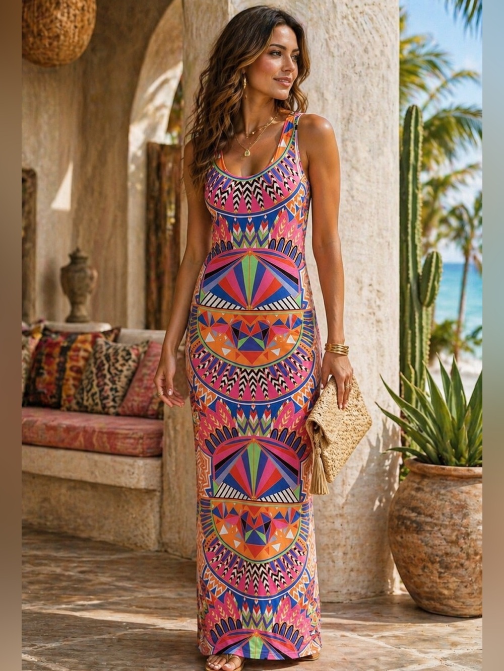 Mara Hoffman Aztec Print Maxi Dress XS Fitted Tank Tribal Boho Resort Vacation - Picture 2 of 8